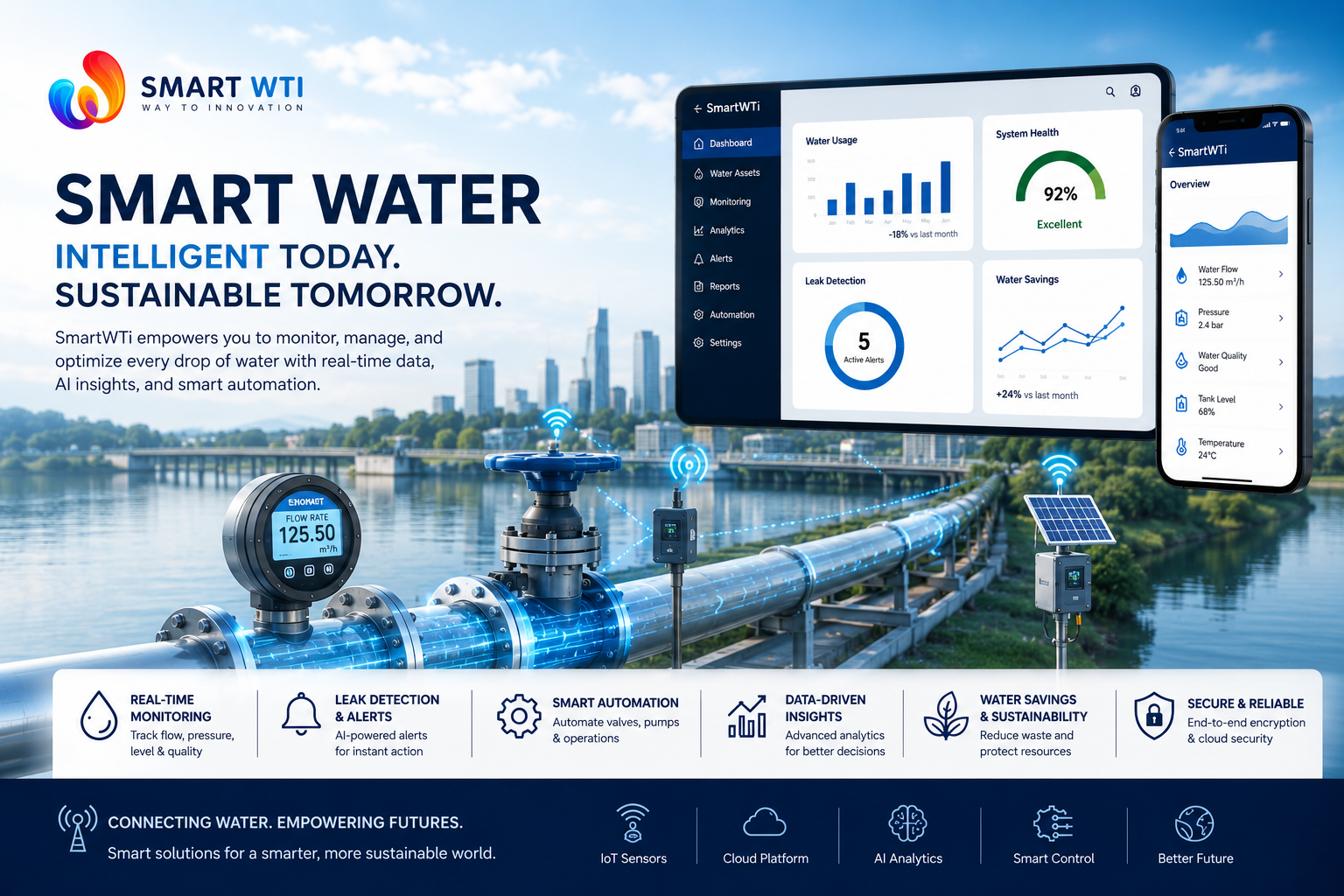 SmartWTI Smart Water Management platform — real-time leak detection, flow analytics and IoT water monitoring dashboard