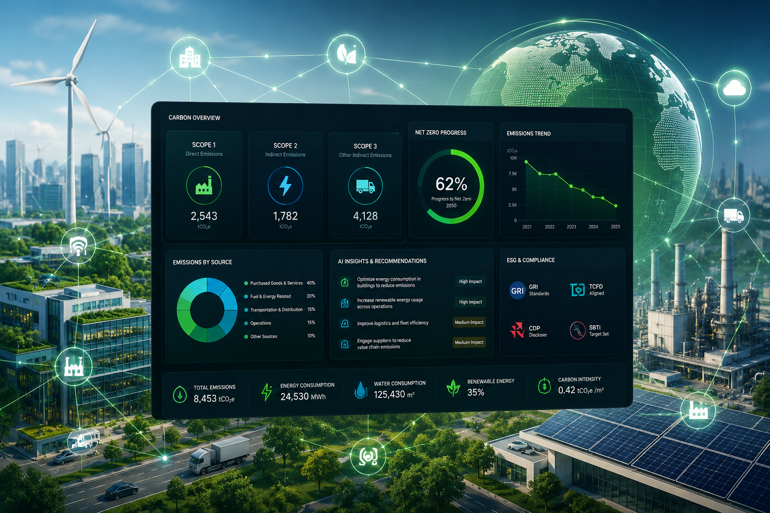 SmartWTI Carbon Tracking and Net Zero platform — automated Scope 1, 2 and 3 emissions tracking, carbon accounting and ESG reporting dashboard